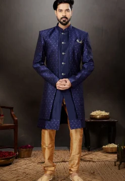 Woven Art Silk Jacquard Jacket Style Sherwani in Navy Blue