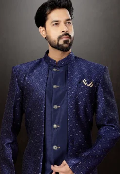 Woven Art Silk Jacquard Jacket Style Sherwani in Navy Blue