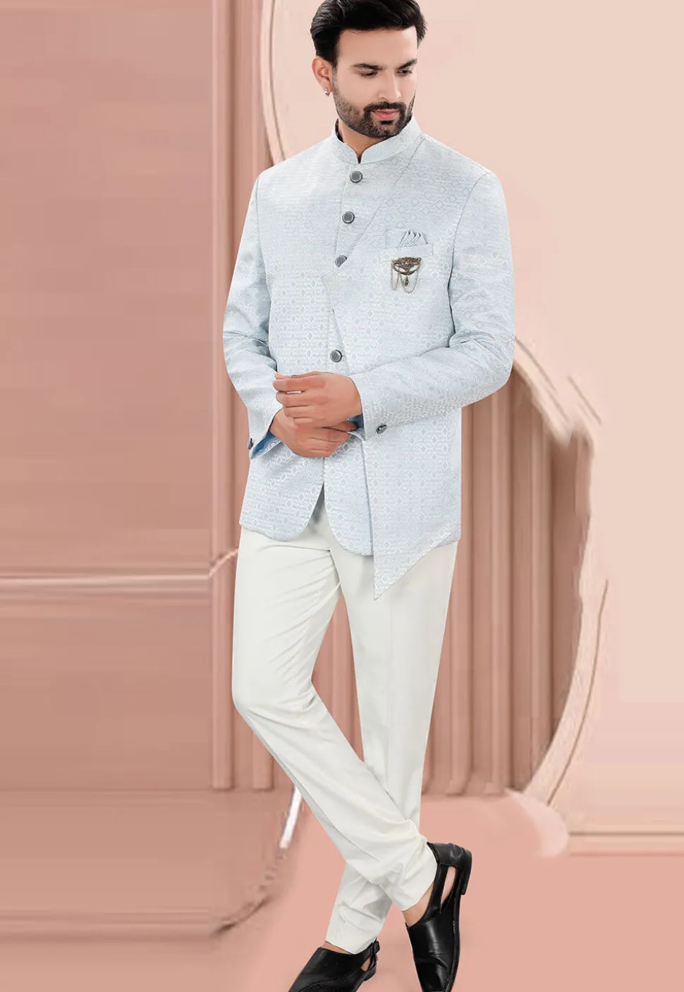 Woven Art Silk Jacquard Jodhpuri Suit in Light Blue
