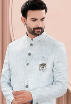 Woven Art Silk Jacquard Jodhpuri Suit in Light Blue