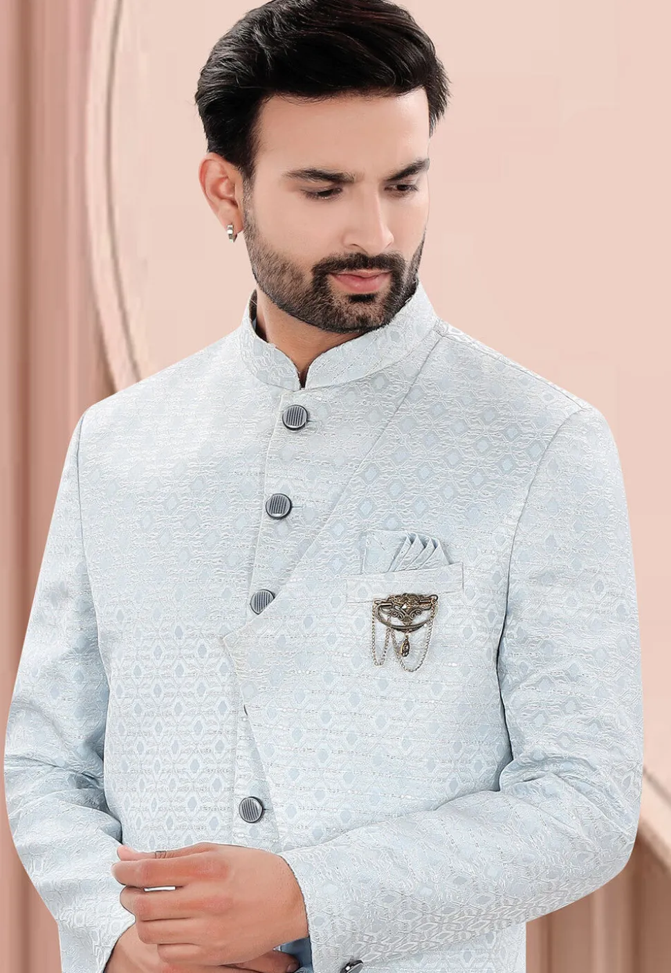 Woven Art Silk Jacquard Jodhpuri Suit in Light Blue