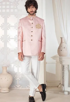Woven Art Silk Jacquard Jodhpuri Suit in Light Pink