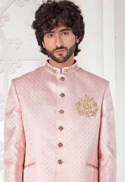 Woven Art Silk Jacquard Jodhpuri Suit in Light Pink