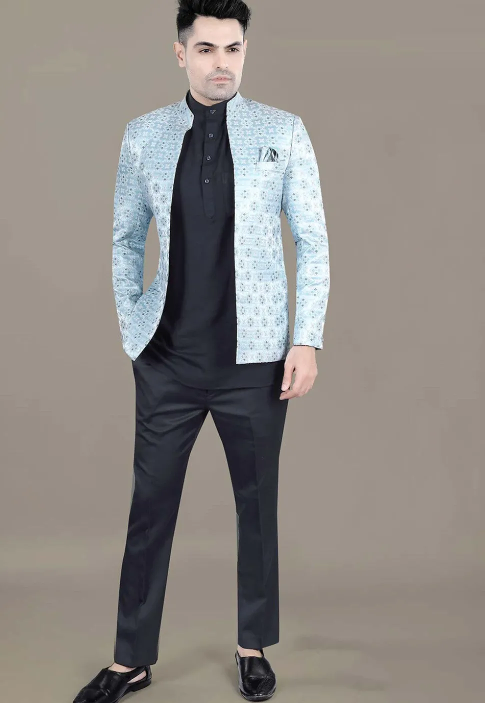 Woven Art Silk Jacquard Jodhpuri Jacket in Sky Blue