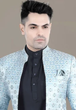 Woven Art Silk Jacquard Jodhpuri Jacket in Sky Blue