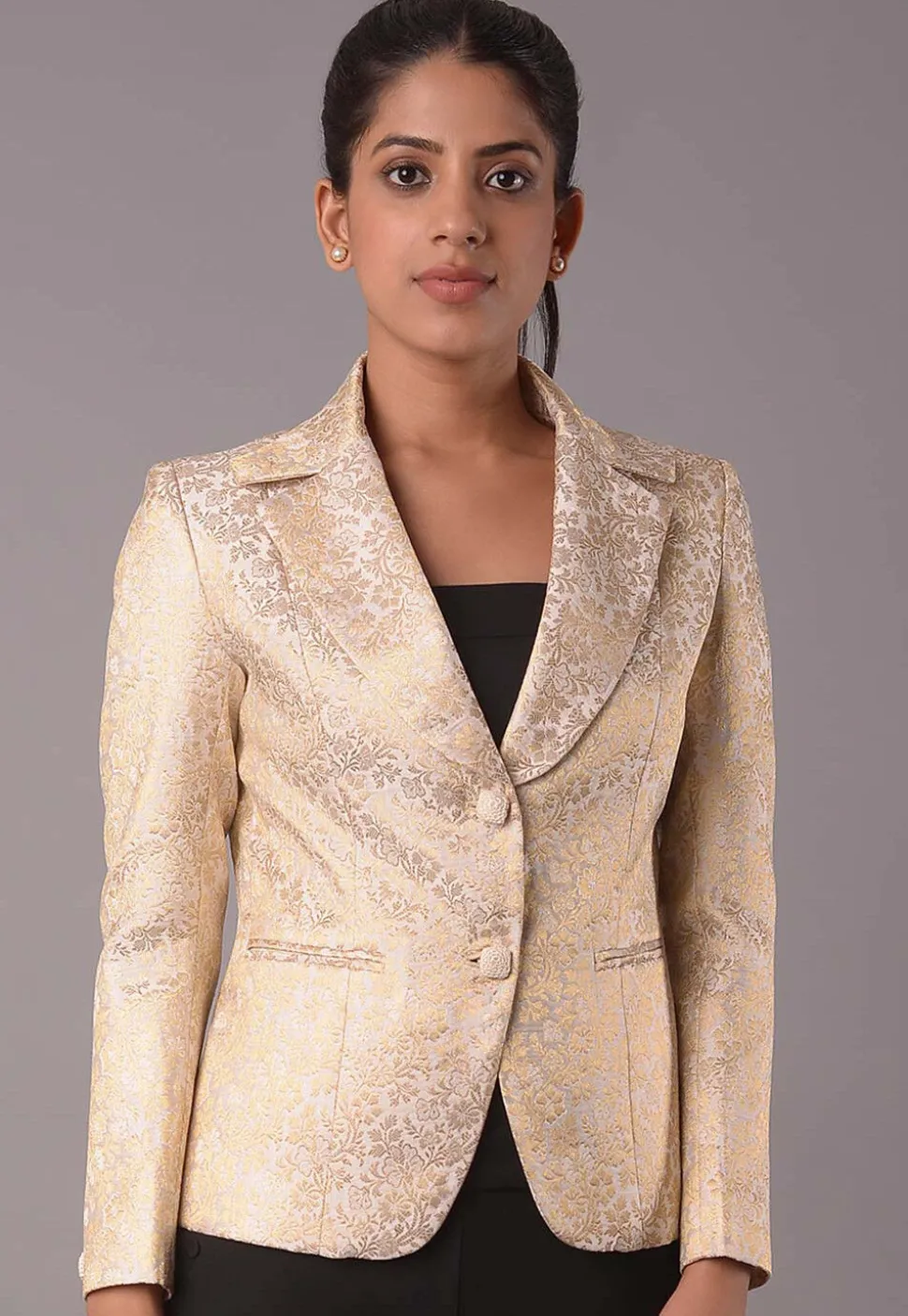 Woven Art Silk Jacquard Jacket in Beige