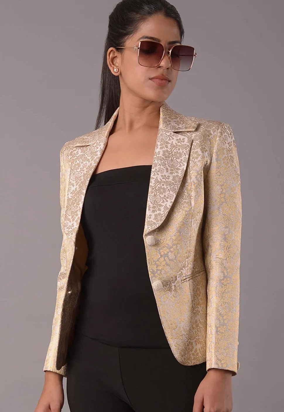 Woven Art Silk Jacquard Jacket in Beige