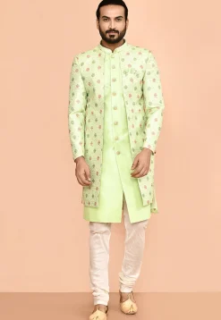 Woven Art Silk Jacquard Jacket Style Sherwani in Light Green