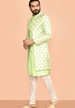 Woven Art Silk Jacquard Jacket Style Sherwani in Light Green