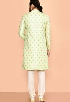 Woven Art Silk Jacquard Jacket Style Sherwani in Light Green
