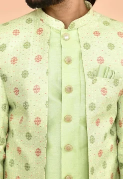 Woven Art Silk Jacquard Jacket Style Sherwani in Light Green