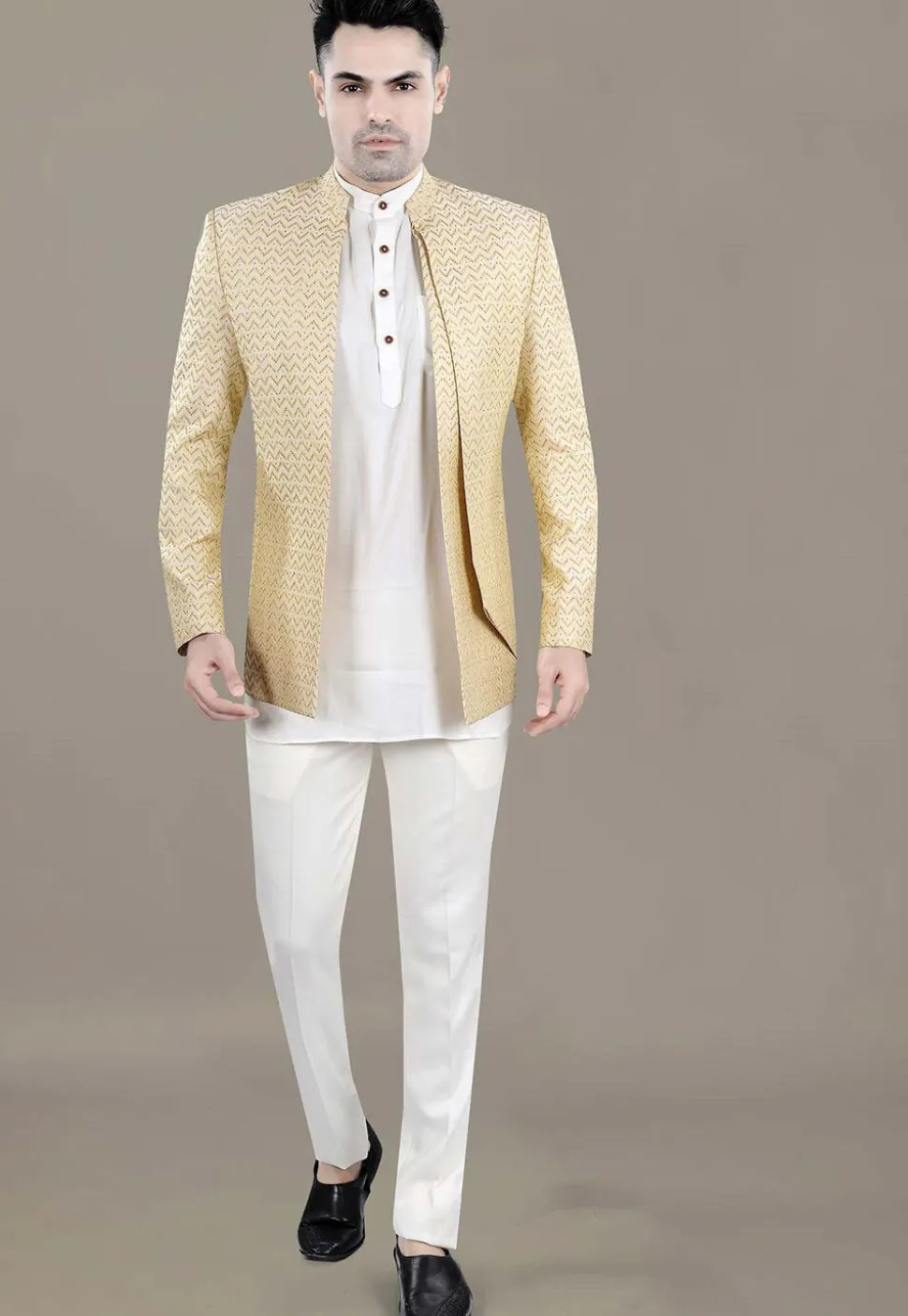 Woven Art Silk Jacquard Jodhpuri Jacket in Light Beige