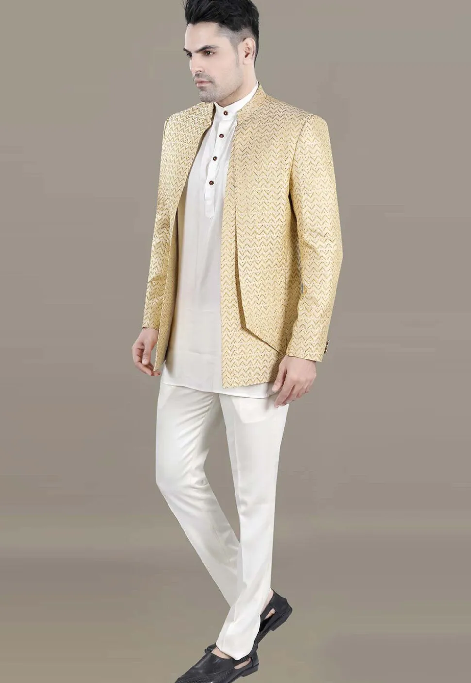 Woven Art Silk Jacquard Jodhpuri Jacket in Light Beige