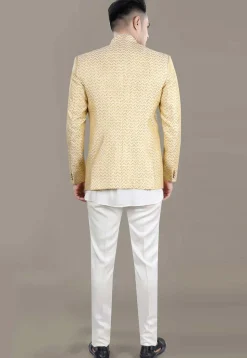 Woven Art Silk Jacquard Jodhpuri Jacket in Light Beige