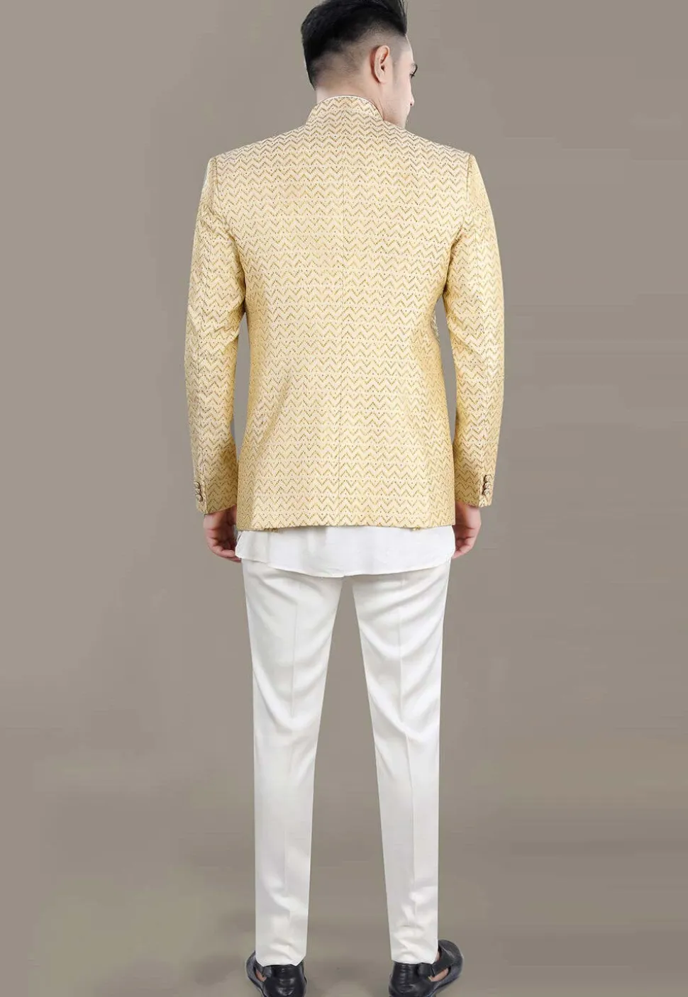 Woven Art Silk Jacquard Jodhpuri Jacket in Light Beige