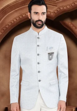 Woven Art Silk Jacquard Jodhpuri Jacket in Light Blue