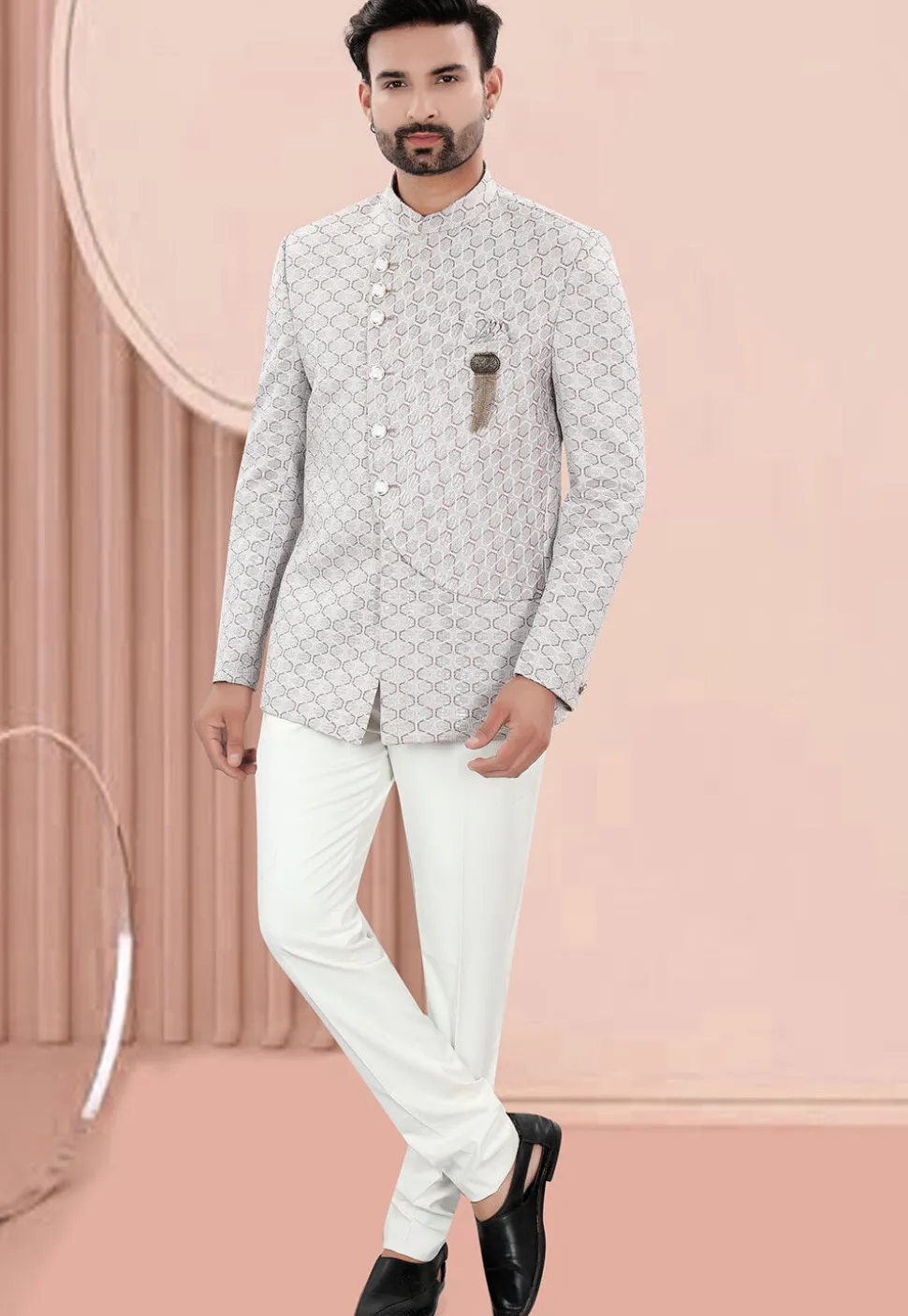 Woven Art Silk Jacquard Jodhpuri Jacket in Light Grey