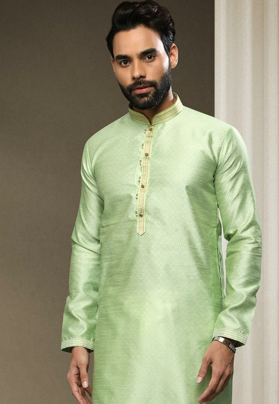 Woven Art Silk Jacquard Kurta Set in Light Green