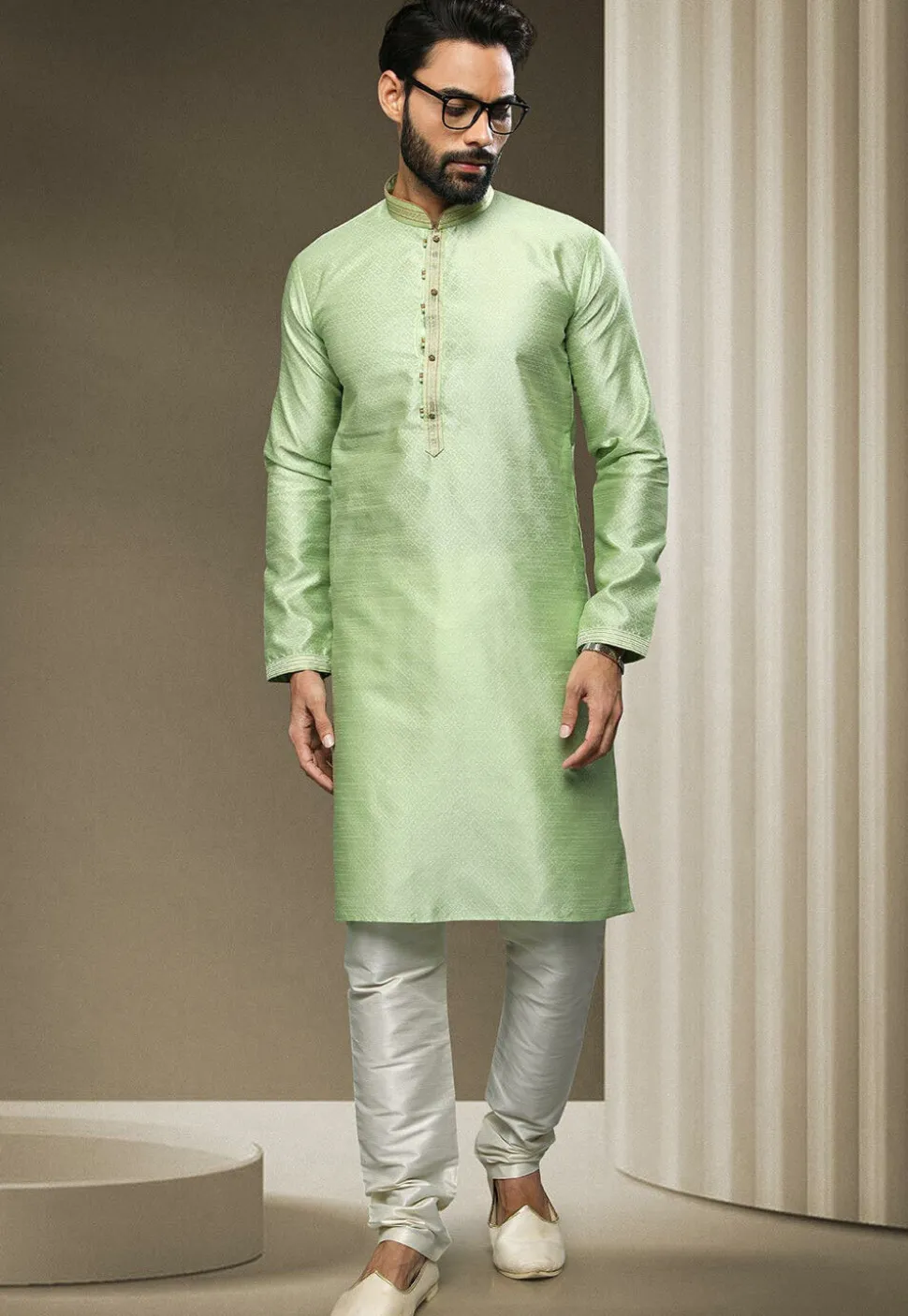 Woven Art Silk Jacquard Kurta Set in Light Green