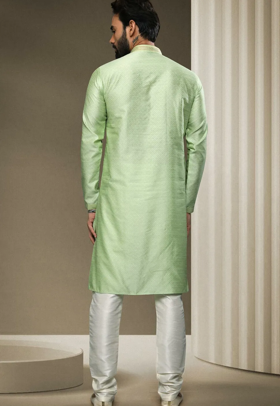 Woven Art Silk Jacquard Kurta Set in Light Green