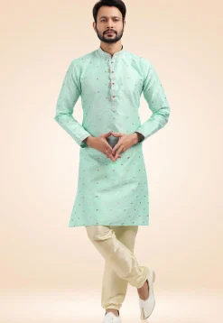 Woven Art Silk Jacquard Kurta Set in Sea Green