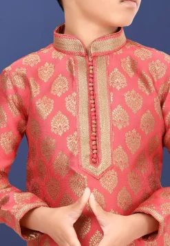 Woven Art Silk Jacquard Kurta Set in Peach