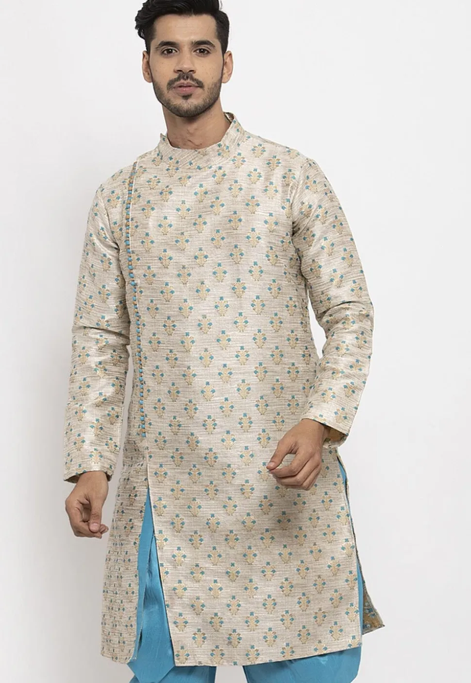 Woven Art Silk Jacquard Kurta in Beige