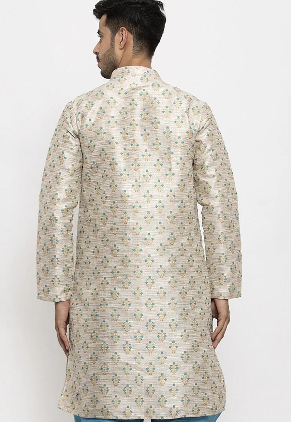 Woven Art Silk Jacquard Kurta in Beige