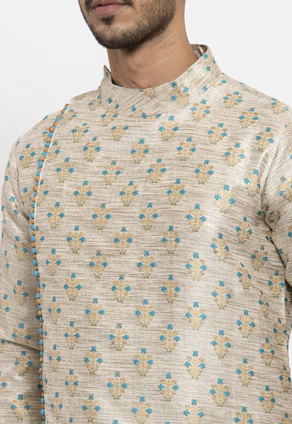 Woven Art Silk Jacquard Kurta in Beige