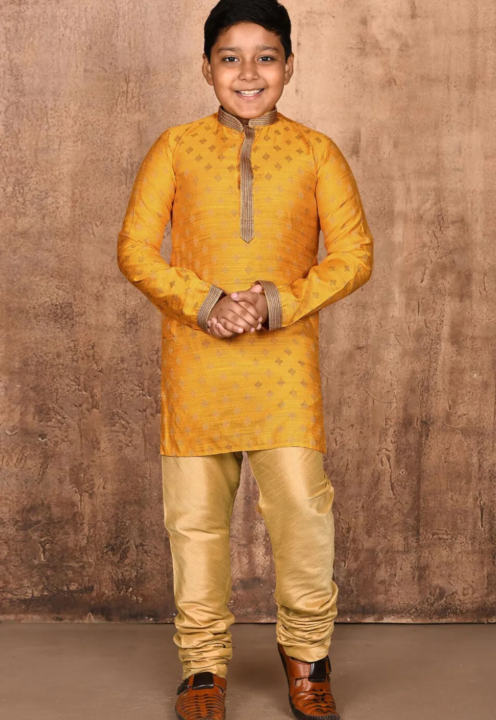 Woven Art Silk Jacquard Kurta Set in Mustard