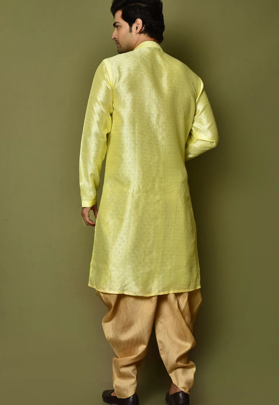 Woven Art Silk Jacquard Kurta Dhoti Set in Yellow