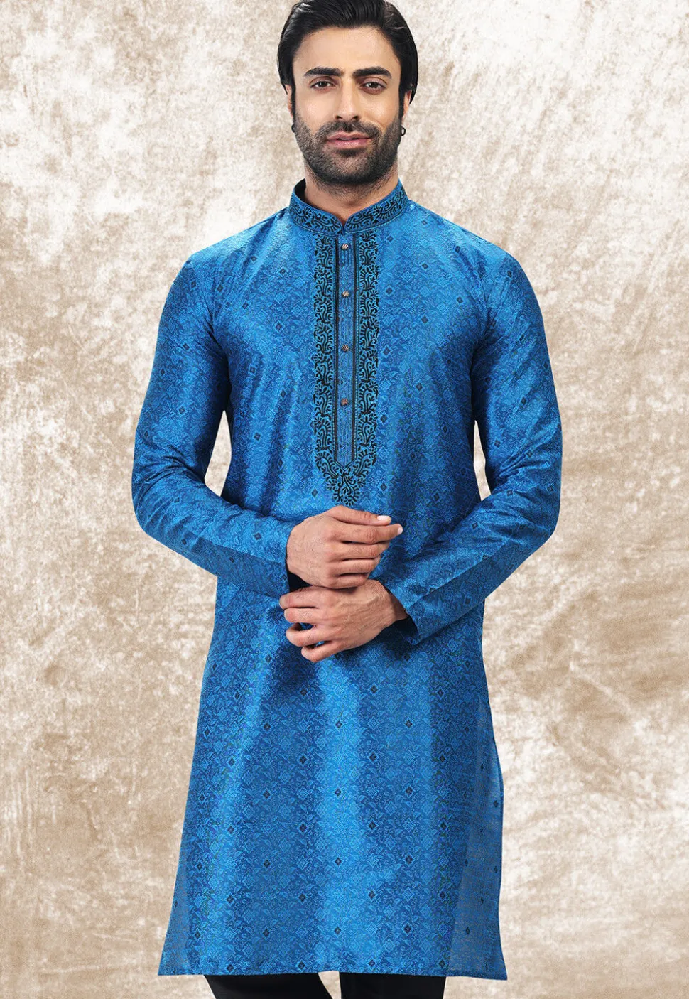 Woven Art Silk Jacquard Kurta in Royal Blue