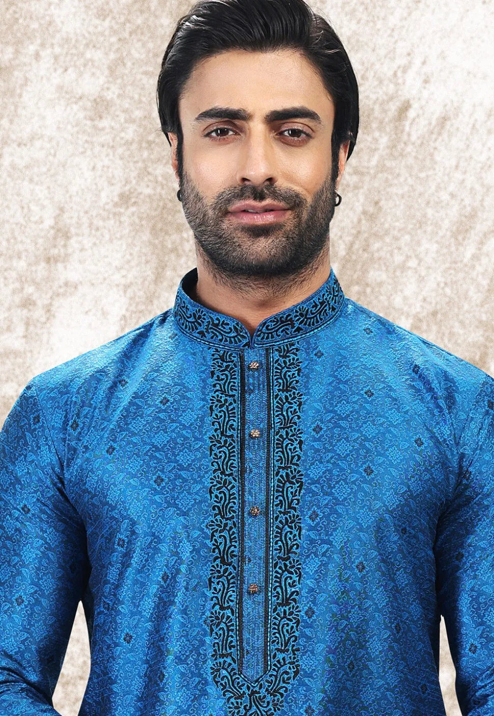 Woven Art Silk Jacquard Kurta in Royal Blue