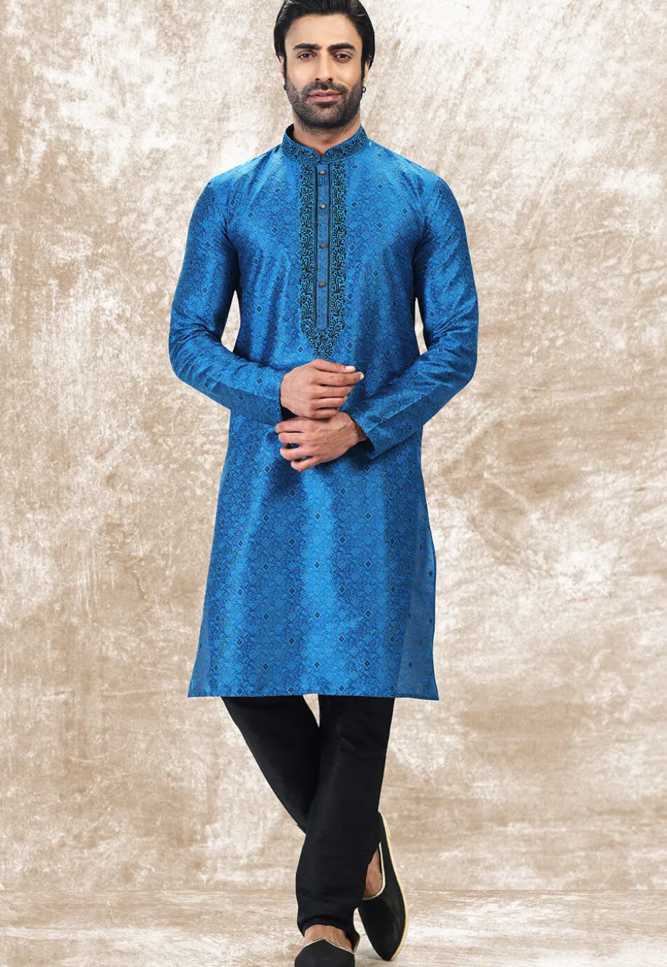 Woven Art Silk Jacquard Kurta in Royal Blue