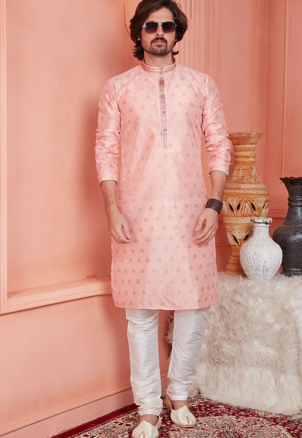 Woven Art Silk Jacquard Kurta Set in Peach