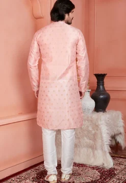 Woven Art Silk Jacquard Kurta Set in Peach