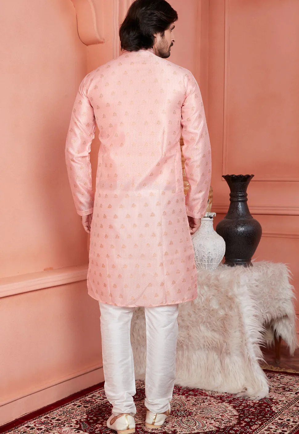 Woven Art Silk Jacquard Kurta Set in Peach