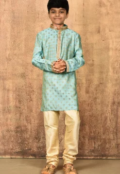 Woven Art Silk Jacquard Kurta Set in Sky Blue