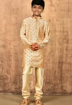Woven Art Silk Jacquard Kurta Set in Beige