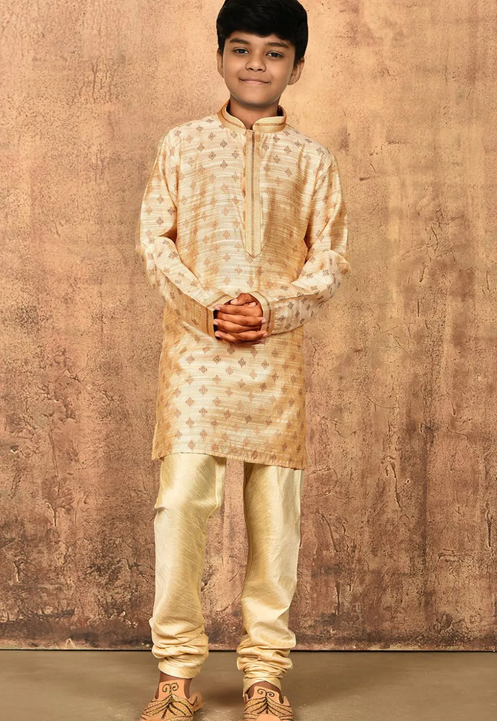 Woven Art Silk Jacquard Kurta Set in Beige