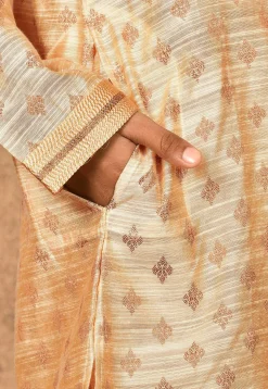 Woven Art Silk Jacquard Kurta Set in Beige