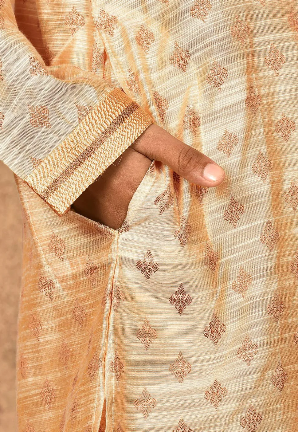 Woven Art Silk Jacquard Kurta Set in Beige