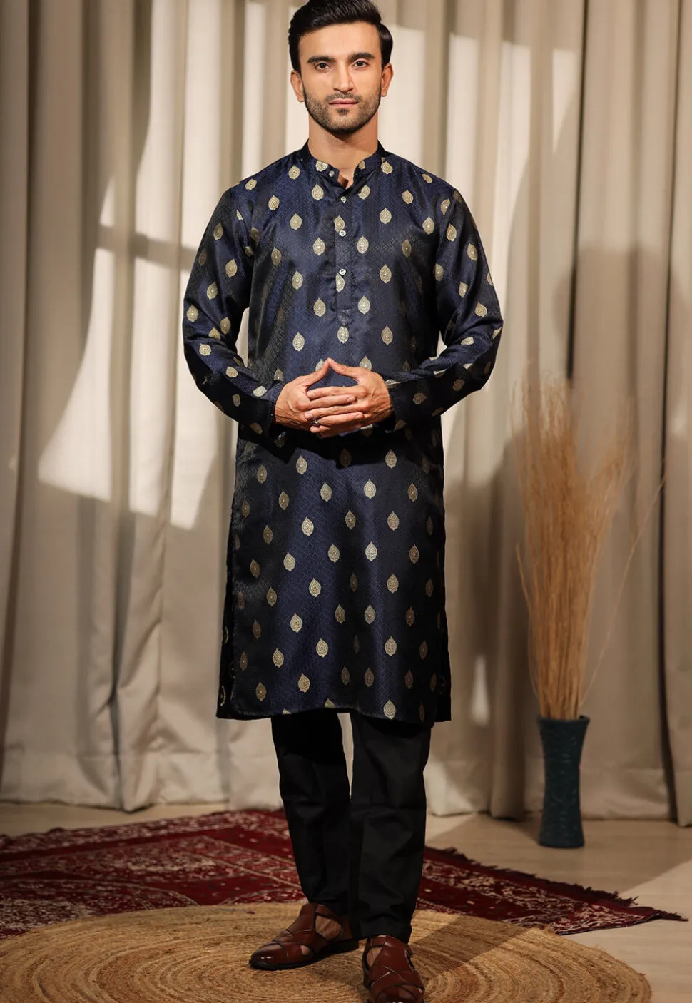 Woven Art Silk Jacquard Kurta Set in Navy Blue