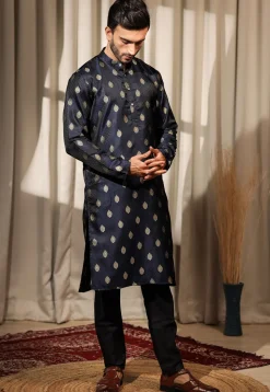 Woven Art Silk Jacquard Kurta Set in Navy Blue