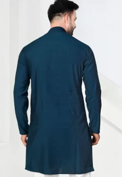 Woven Art Silk Jacquard Kurta in Teal Blue
