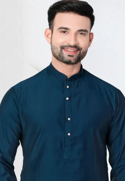 Woven Art Silk Jacquard Kurta in Teal Blue