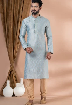 Woven Art Silk Jacquard Kurta Set in Sky Blue