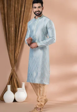 Woven Art Silk Jacquard Kurta Set in Sky Blue