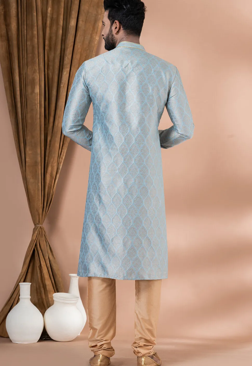 Woven Art Silk Jacquard Kurta Set in Sky Blue
