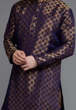 Woven Art Silk Jacquard Kurta in Navy Blue
